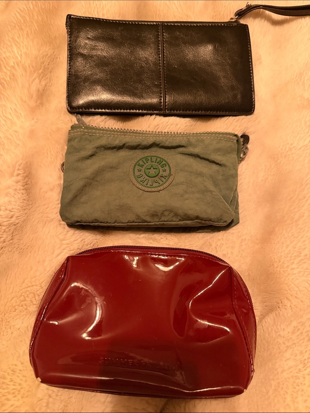 Kipling Olive Green pouchZip, black leather wallet, and summer Friday pouch